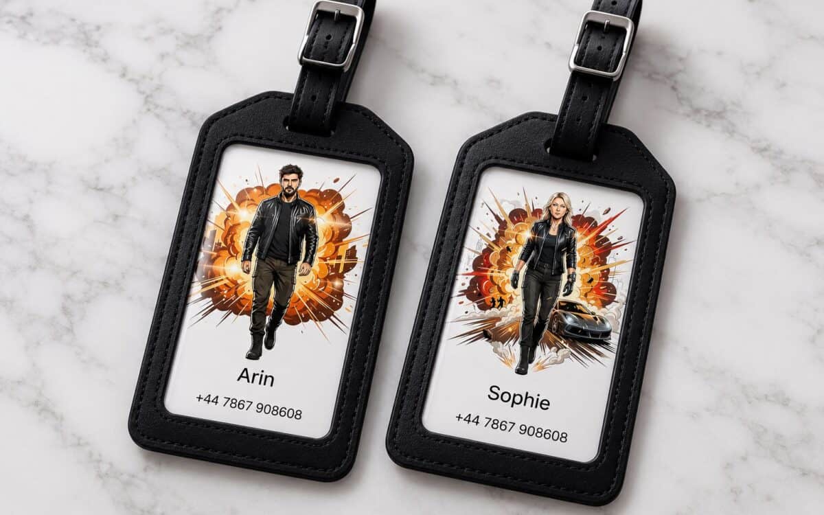 Two black AI luggage tags in leather