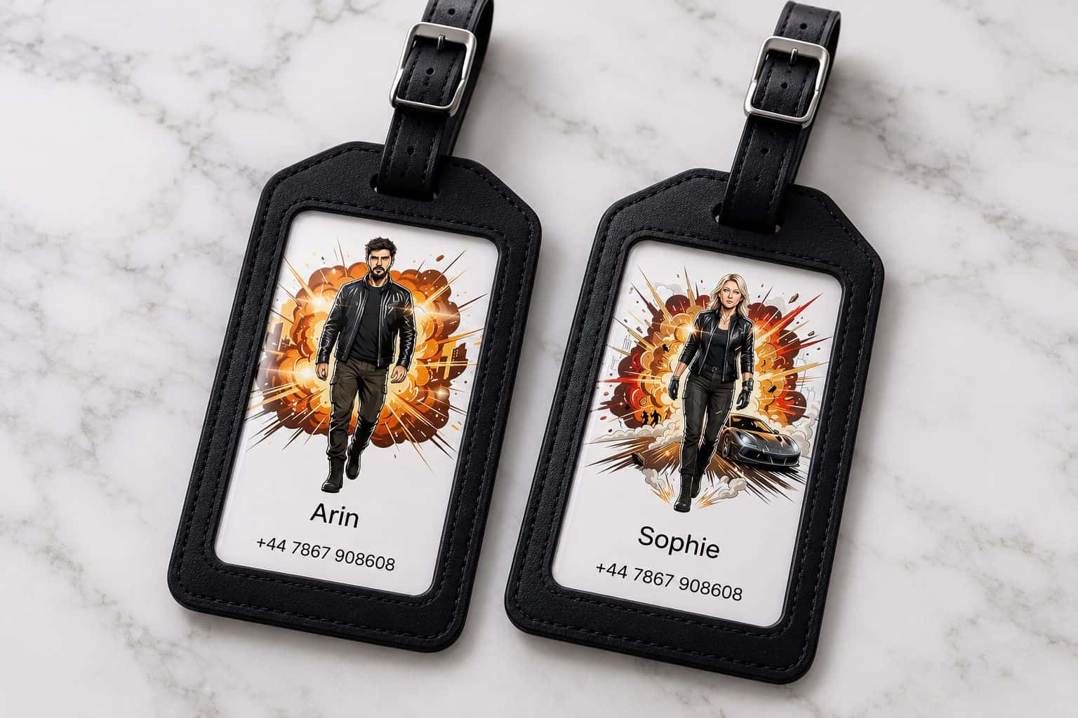 Two black AI luggage tags in leather