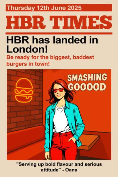 An AI transformation of a woman promoting HBR's London opening for burgers.