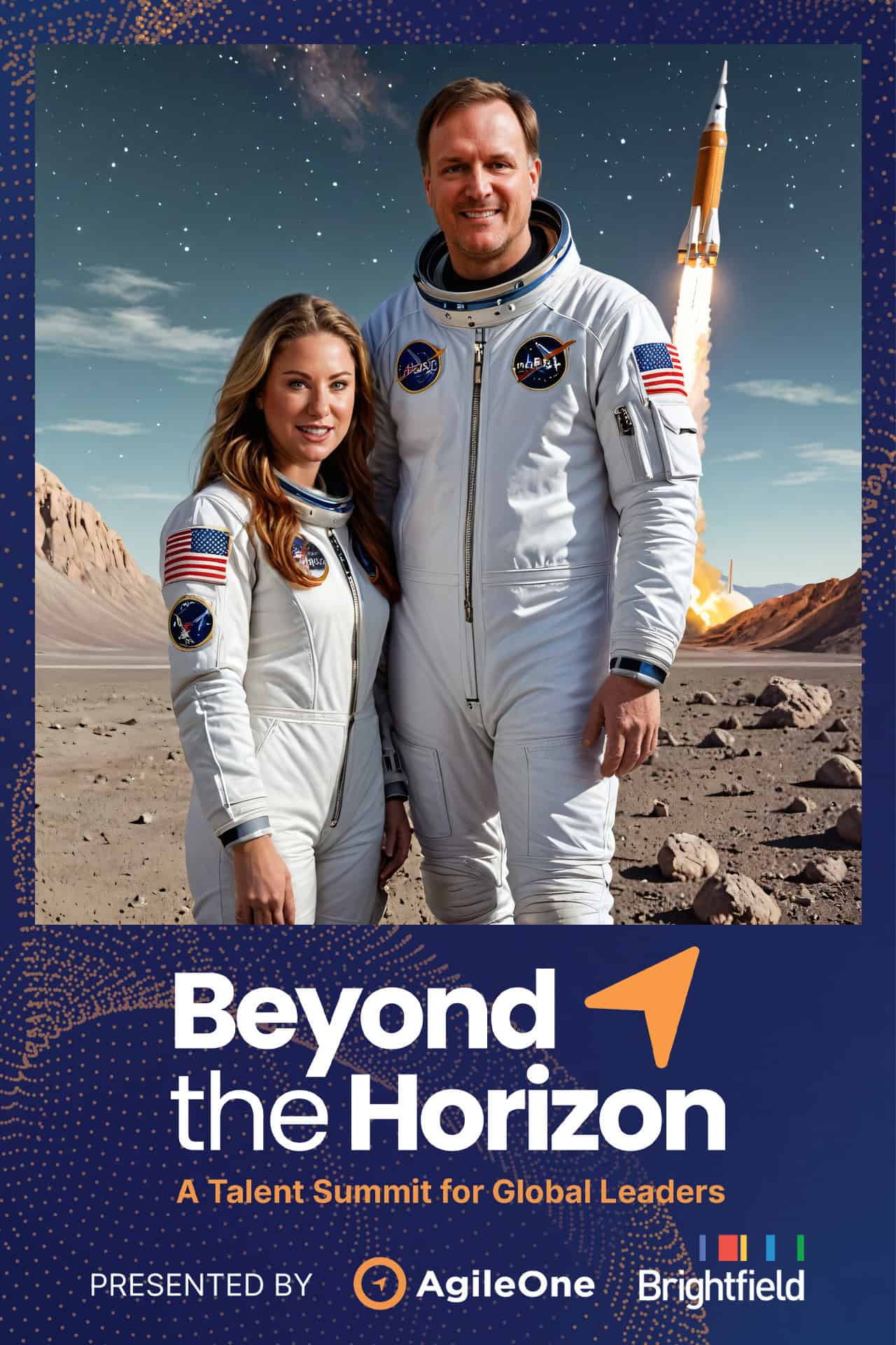 Two people transformed by AI photography in NASA astronaut suits stand on a rocky landscape with a rocket launching in the background; text reads "Beyond the Horizon: A Talent Summit for Global Leaders.