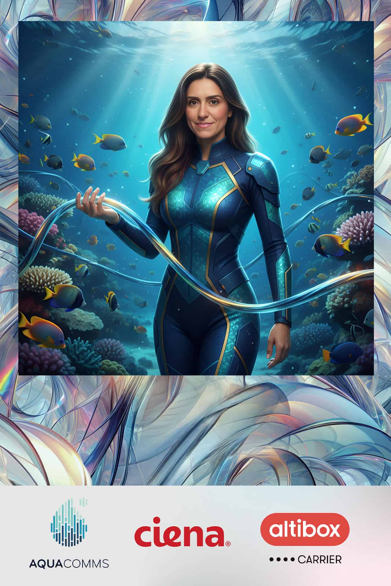 AI Photobooth. A woman in a futuristic suit stands underwater among fish, holding a glowing cable.