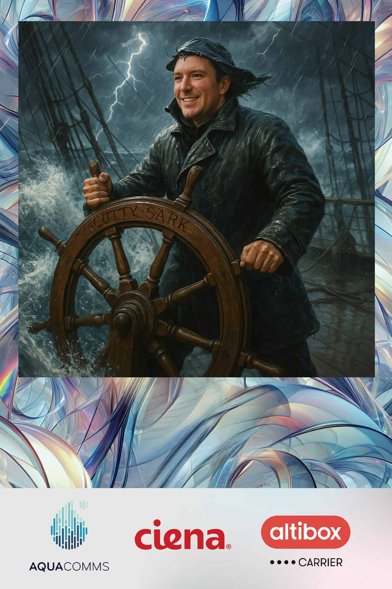 AI photography experience. A man in rain gear steers a ship's wheel marked "Cutty Sark"
