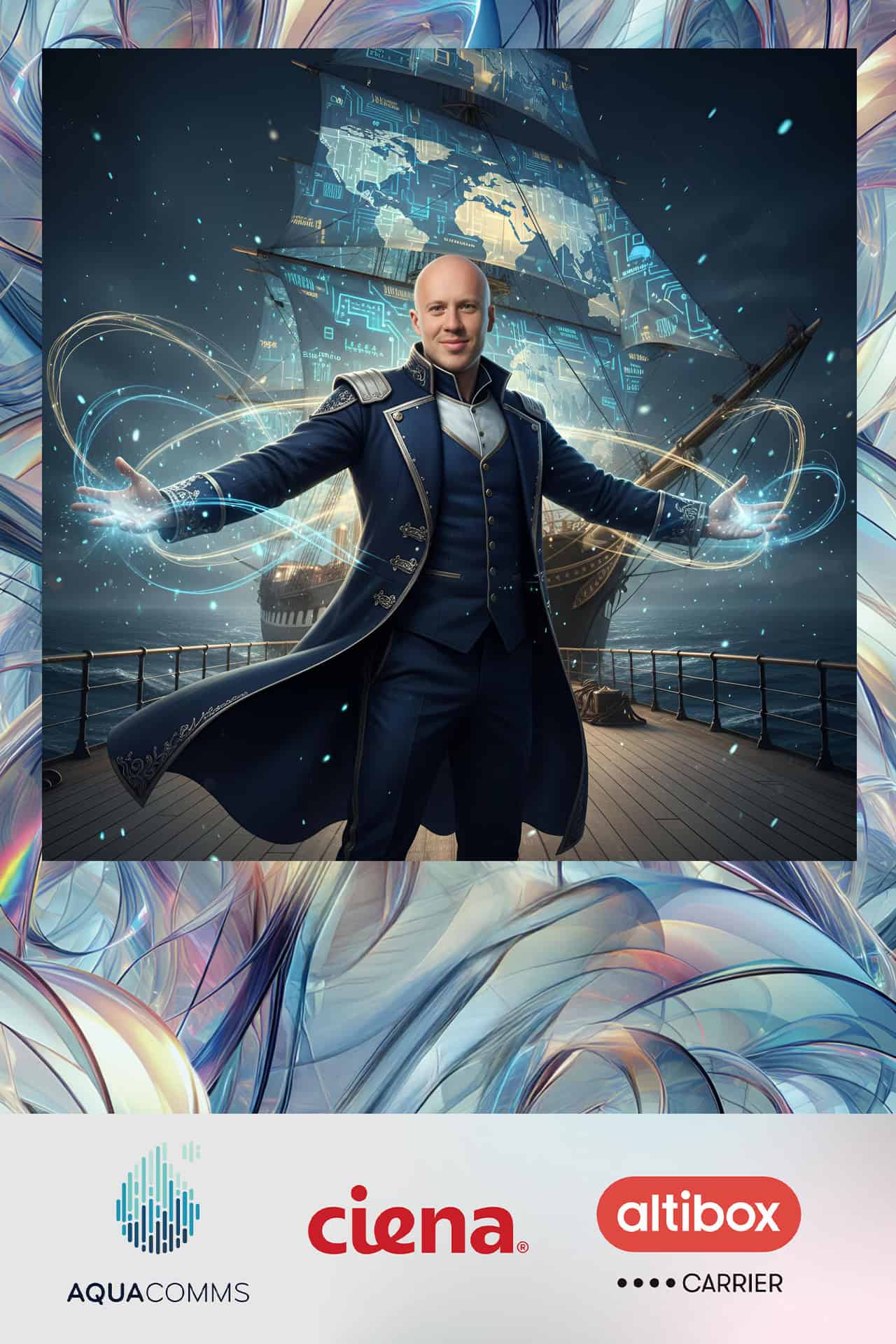 AI Photo Booth. A man in a blue suit stands on a ship's deck with digital effects around his hands, surrounded by logos for AquaComms, Ciena, and Altibox Carrier.