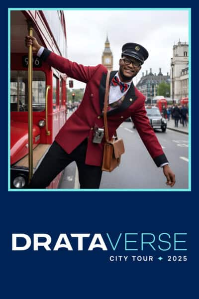 AI Photo experience at event .A smiling bus conductor in a red uniform leans out of a classic London double-decker bus,