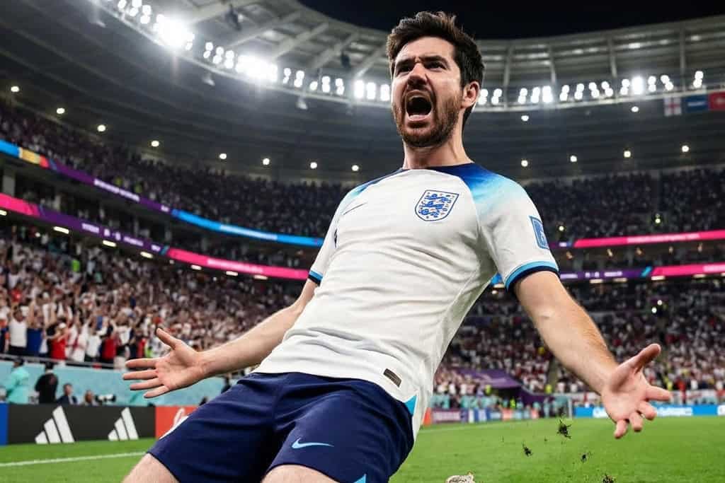 World Cup 2026 Fan Zone Ideas: AI Photo Booths & Viral Brand Activations in the UK 5 A male England soccer player celebrates a goal on the field, arms outstretched, with a stadium full of spectators—capturing the excitement perfect for football event entertainment or World Cup 2026 fan zone ideas.