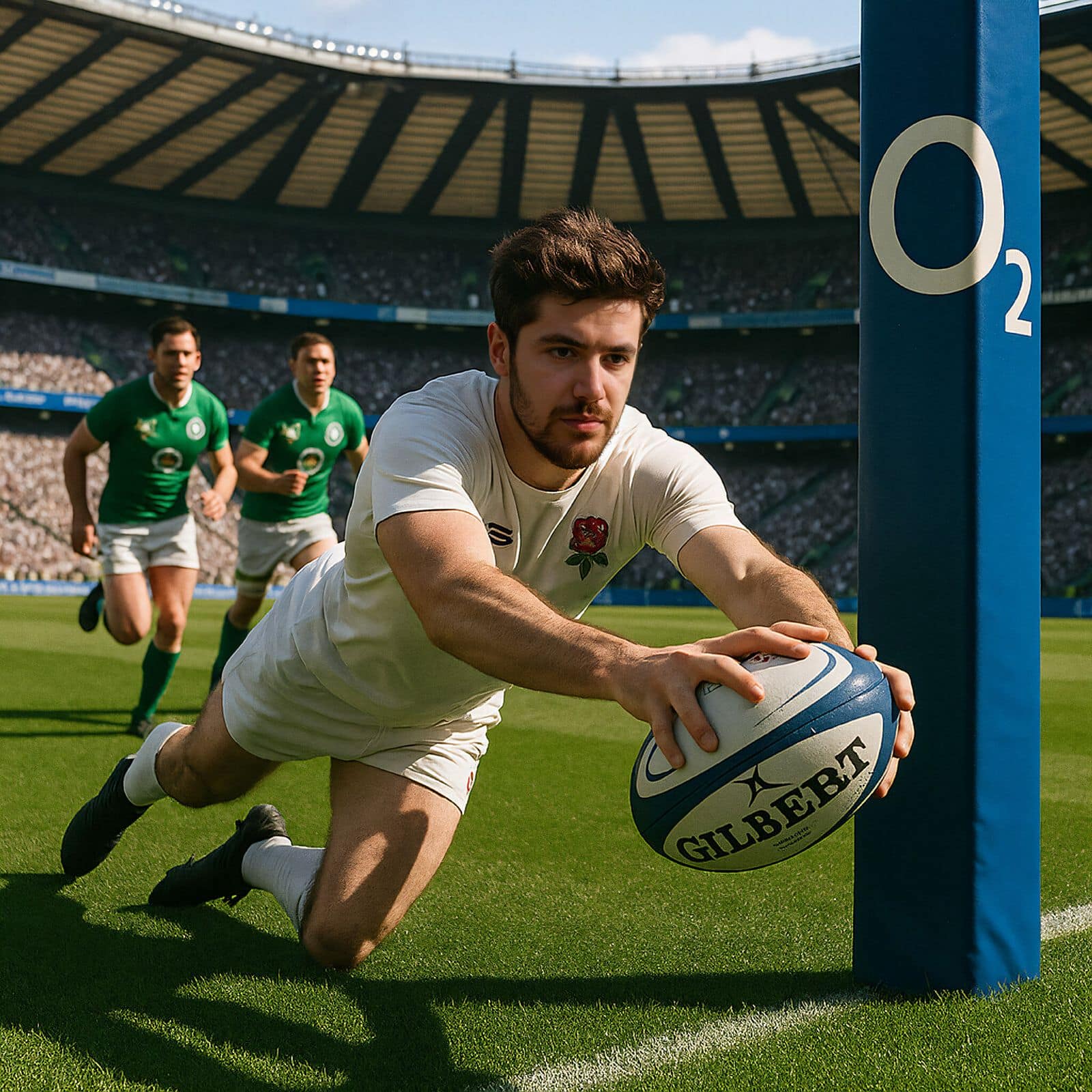 A rugby player in a white jersey scores a try by grounding the ball near the goal post as opponents in green jerseys approach on a stadium field.