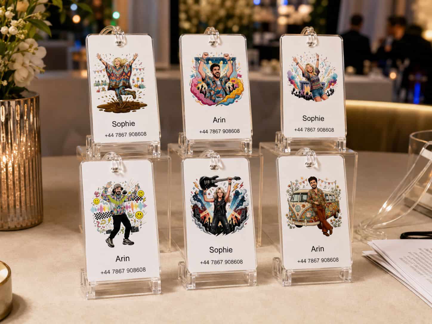 Six AI luggage tags on display via an AI Photobooth