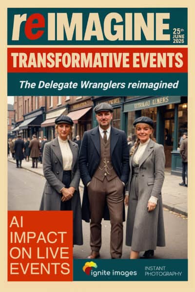 A groups of people who have been transformed by AI into Peaky Blinders at a corporate event