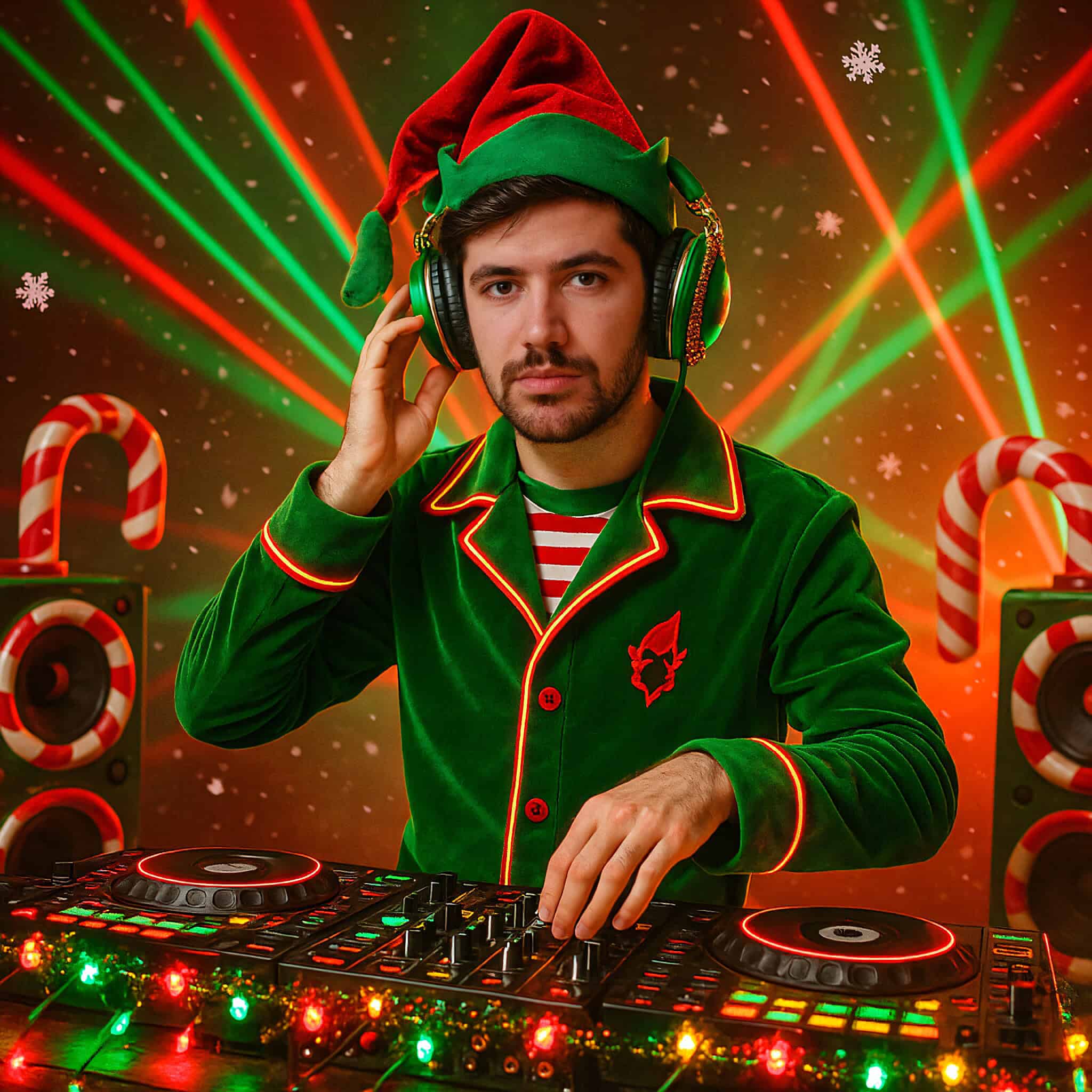 A man dressed as a Christmas elf DJing - AI booth