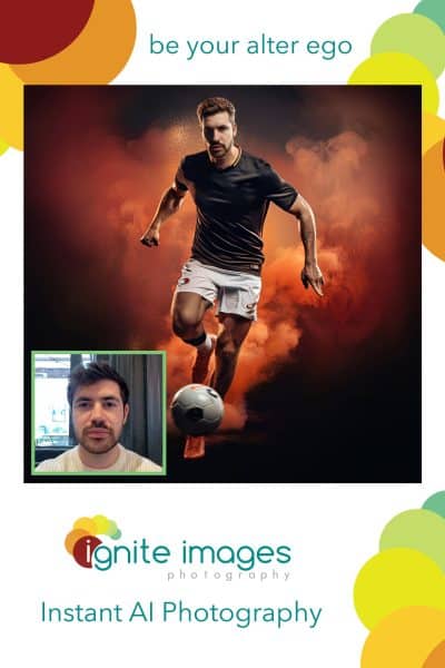 A man in soccer attire running with a ball, against a fiery background. Inset photo shows the same man in a casual shirt. Text: "be your alter ego," "ignite images," "Instant AI Photography.