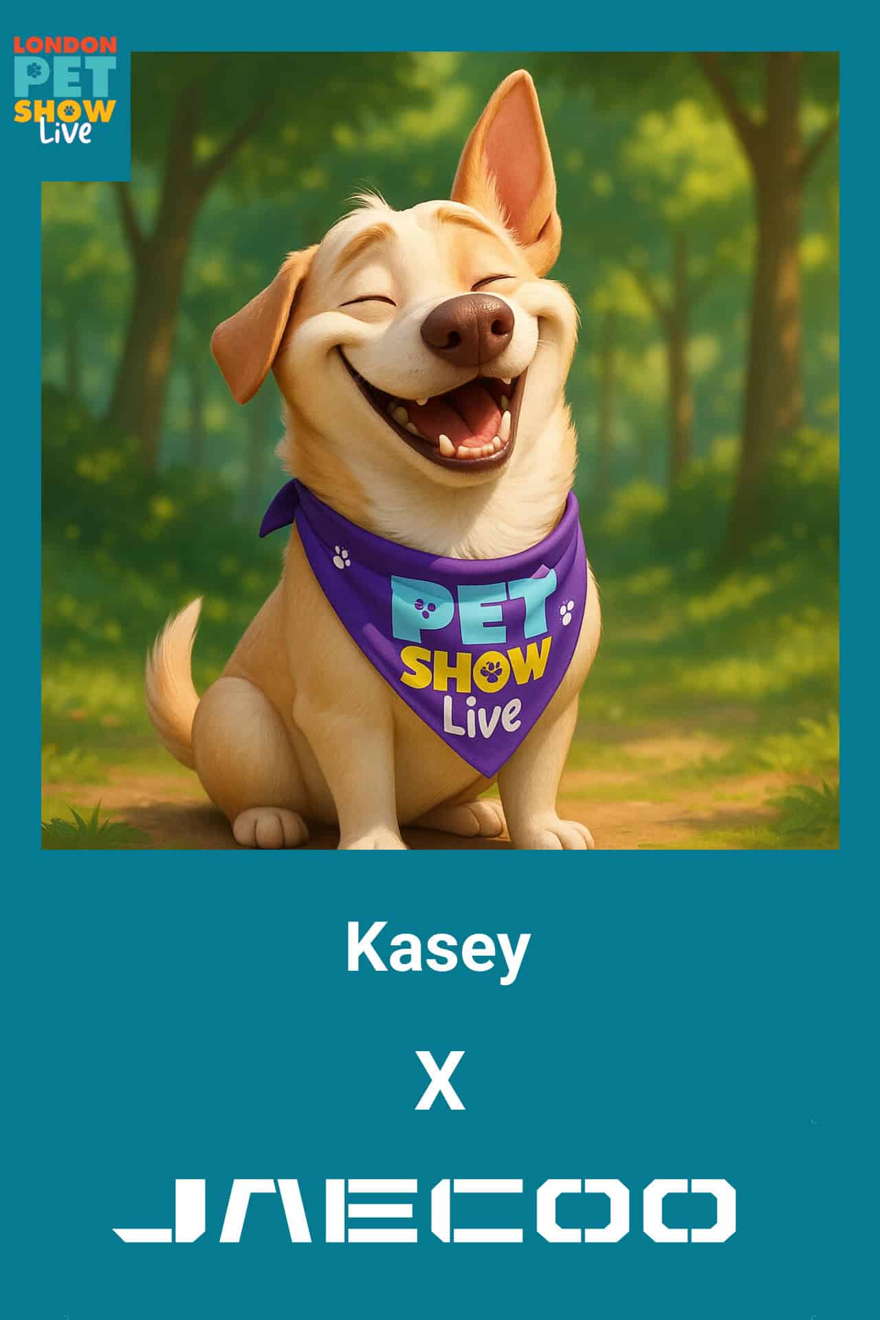 A smiling cartoon dog wearing a purple "Pet Show Live" bandana. transformed by AI