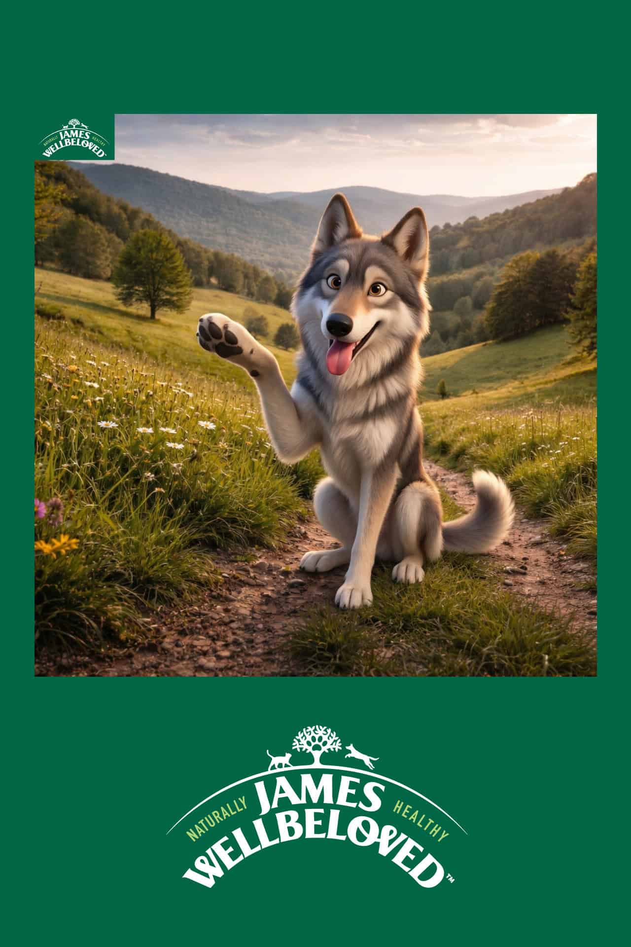 AI Booth transformation - A happy dog with one paw raised sits on grass in a scenic landscape