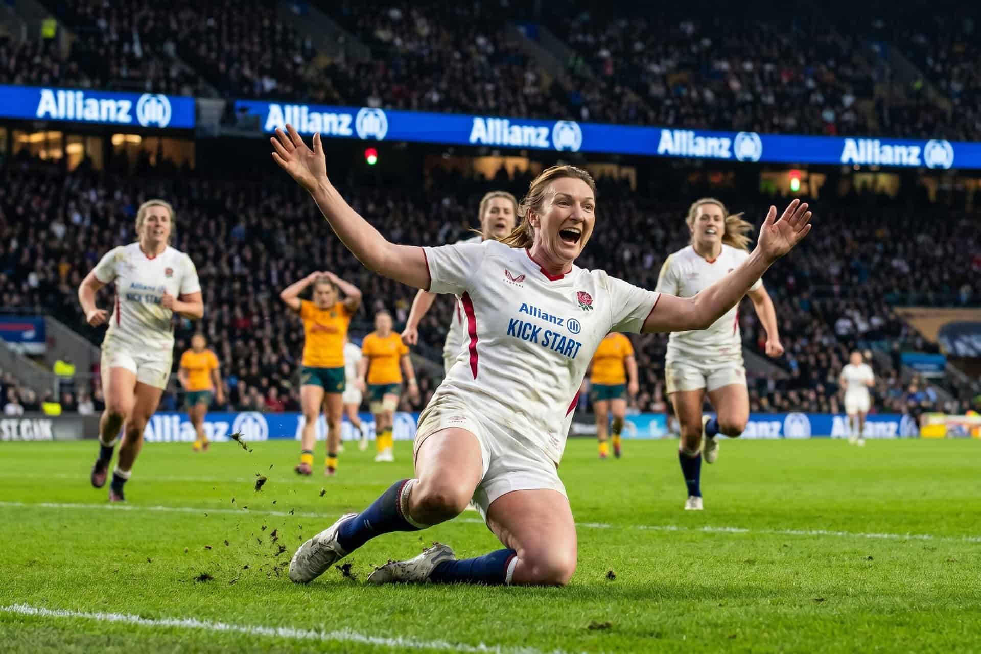 AI Photobooth image - A rugby player in a white uniform slides on the field with arms raised in celebration.