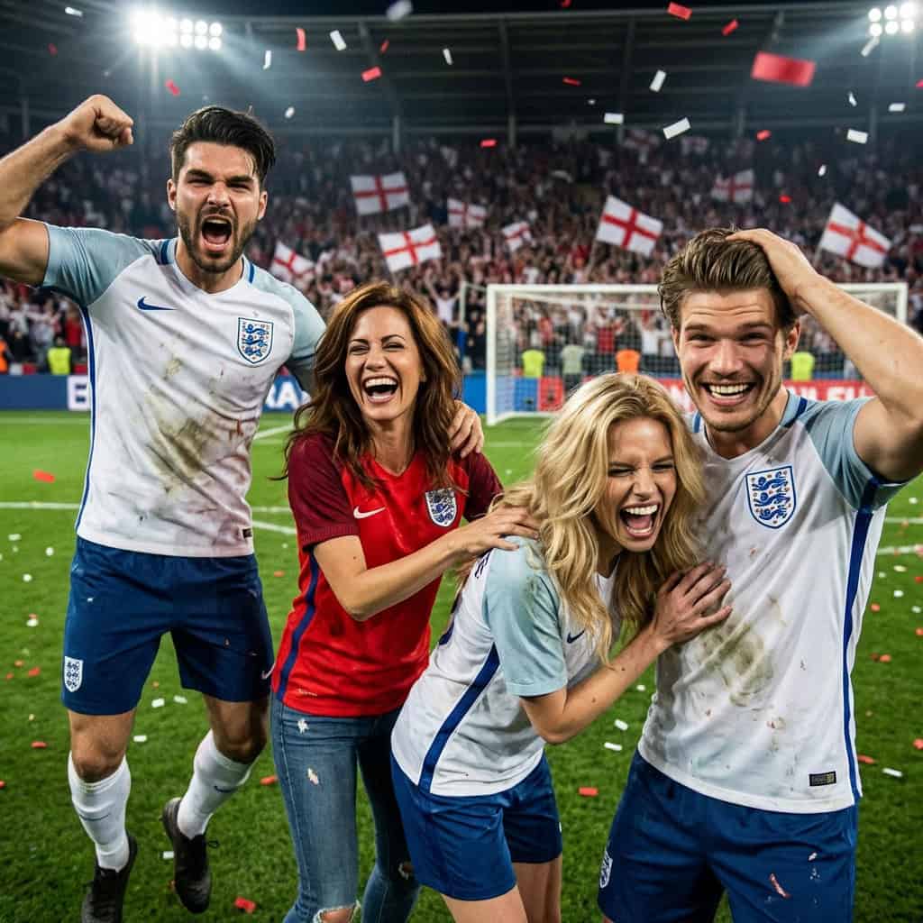 Four people celebrate on a soccer field with England flags and confetti in the background. Two wear England jerseys, one wears a red shirt, all are smiling and appear happy after a match.