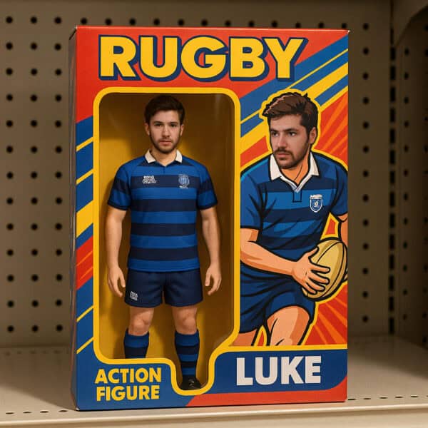 An AI generated boxed action figure labeled "Rugby Luke" features a male figure in a blue rugby uniform, holding a rugby ball,