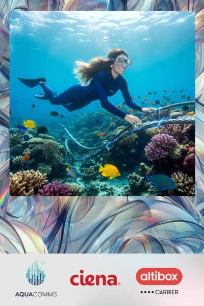 A woman in scuba gear swims above a coral reef, holding an undersea cable. Logos for AquaComms, Ciena, and Altibox Carrier are displayed at the bottom of the image.