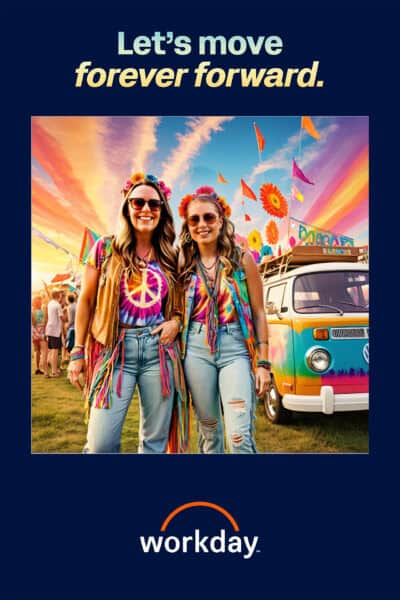 Two women transformed by AI. in colorful, retro outfits stand in front of a decorated van at a festival,
