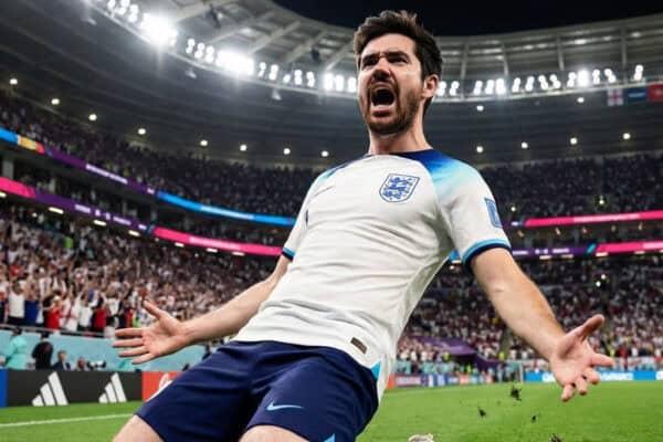 A male England soccer player celebrates a goal on the field, arms outstretched, with a stadium full of spectators—capturing the excitement perfect for football event entertainment or World Cup 2026 fan zone ideas.