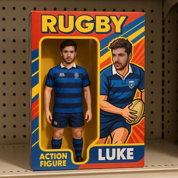 A boxed rugby action figure - ai photo booth