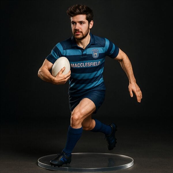 A male rugby player in a blue striped jersey - ai photobooth theme of rugby