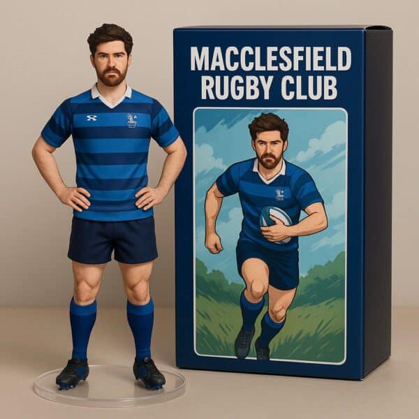 A figurine of a rugby player in a blue uniform - ai photo booth rental