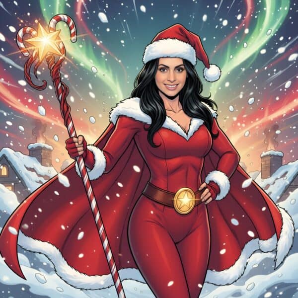 A woman in a red Santa suit and cape stands in a snowy village at night, holding a star-topped staff, with colorful auroras in the sky behind her.