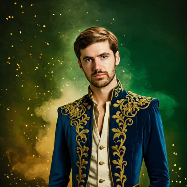 A man created by AI wearing a blue, gold-embroidered jacket stands in front of a green and yellow smoky background with gold flecks.
