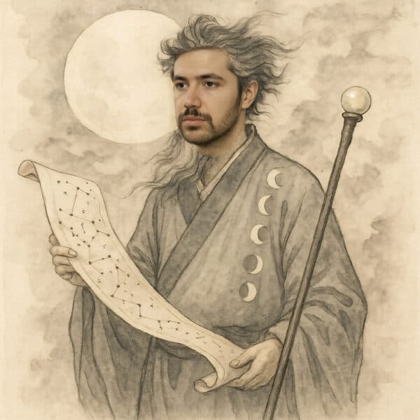 A man in a robe with moon phases holds a scroll with star charts, standing beside a staff and a large full moon in the background.