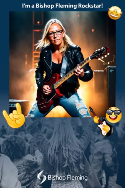 A woman in a leather jacket playing an electric guitar is framed by emojis and the text "I'm a Bishop Fleming Rockstar!" on a blue background with the Bishop Fleming logo at the bottom, capturing the ai photo booth at events magic.
