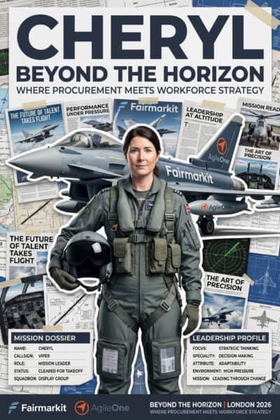 AI Photobooth photo of A woman in a pilot suit stands in front of a fighter jet, surrounded by workforce strategy headlines and logos for Fairmarkit and AgileOne.